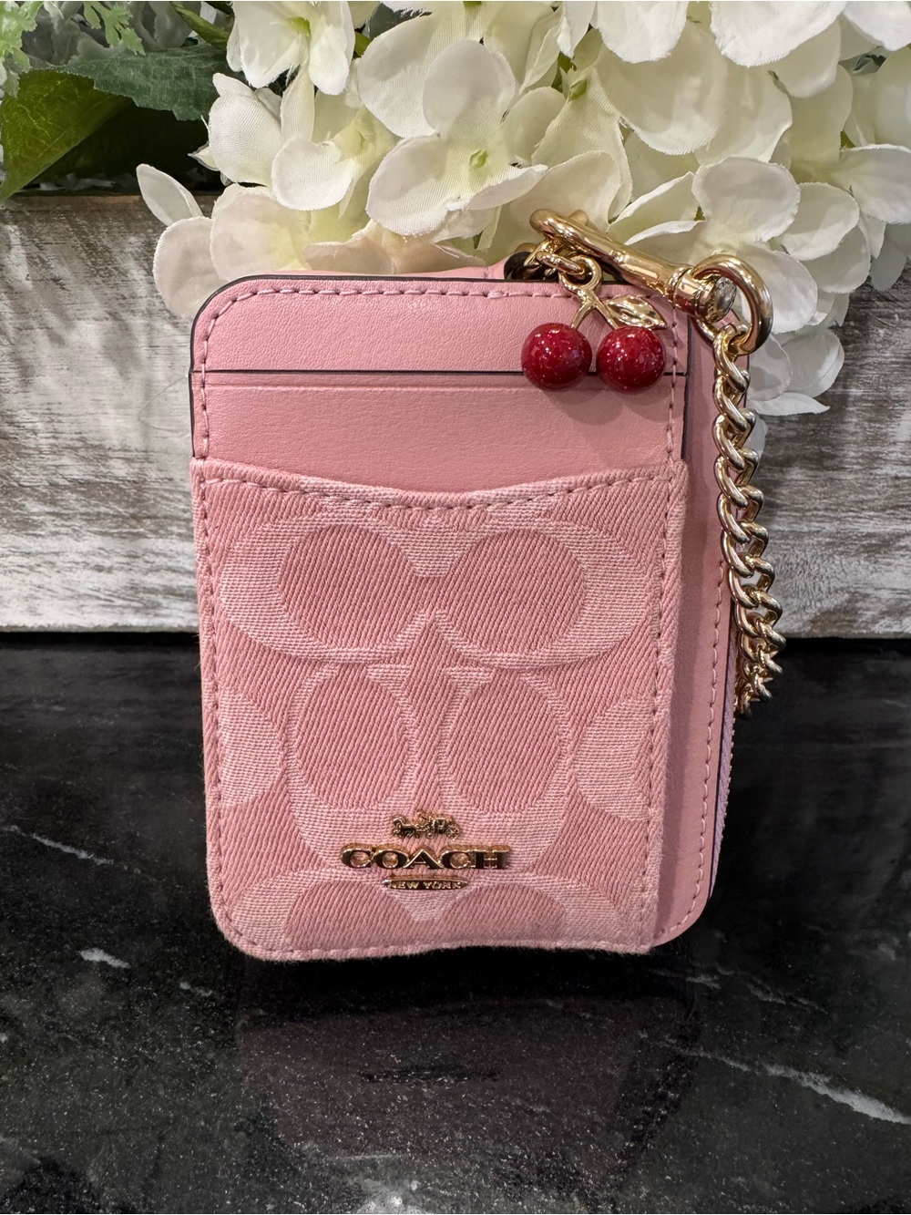 NWT COACH Pink Denim Signature Card Case with Cherry Charm